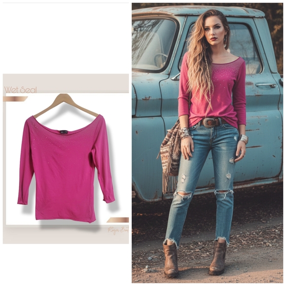Wet Seal Tops - 🌿Wet Seal Women’s Large Hot Pink Bedazzled Top Scoop Neck 3/4 Sleeve Cotton Y2K